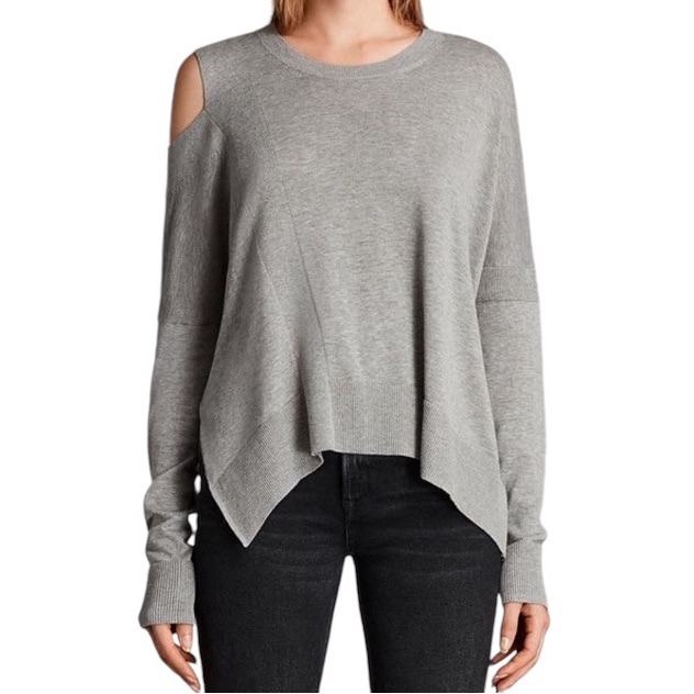 All Saints Cecily Crew Neck Shoulder Cutout Side Slit Gray Sweater Small